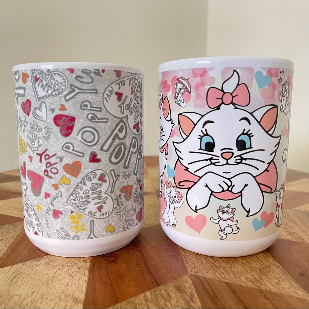 NEW 2 Pcs Mugs. Disney The Aristocats Marie + Poppy 15oz mugs. NWT Hand Crafted